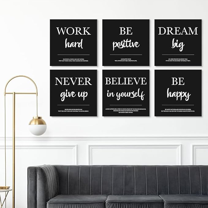 GUBIYU Framed Canvas Wall Art Positive Quote Poster, Black Inspirational Wall Decor Positive Motivational Set of 6 Prints,Work Hard Prints, Inspirational Wall Art Prints, Dorm Wall Decor Art 16"x16"
