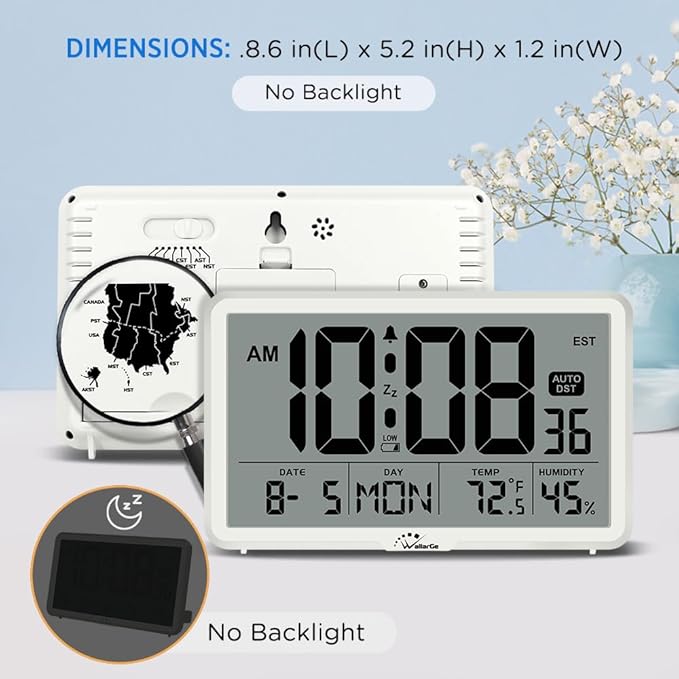 WallarGe Auto Set Digital Wall Clock Battery Operated, Desk Clocks with Temperature, Humidity and Date, Large Display Digital Calendar Alarm Clock for Elderly, Bedroom, Office, 8 Time Zone, Auto DST.