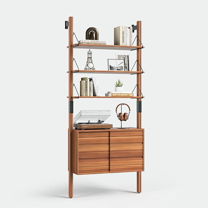 Ladder Bookshelf with Storage Cabinet, Mid Century Modern Wall Mounted Bookcase with Wood and Metal Frame, 6 Tier Open Display Shelves for Living Room, Bedroom, Home Office, Cherry