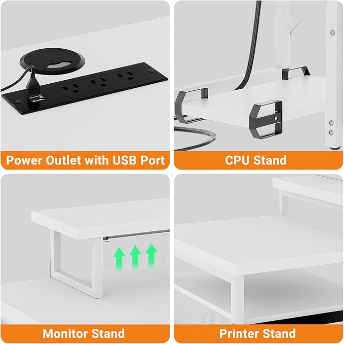 Unikito 70.8" Reversible L Shaped Computer Desk with Fabric File Drawers, Corner Desks with RGB LED Light & Power Outlets & Monitor Stand, Large Gaming Desk for Home Office Workstation, White