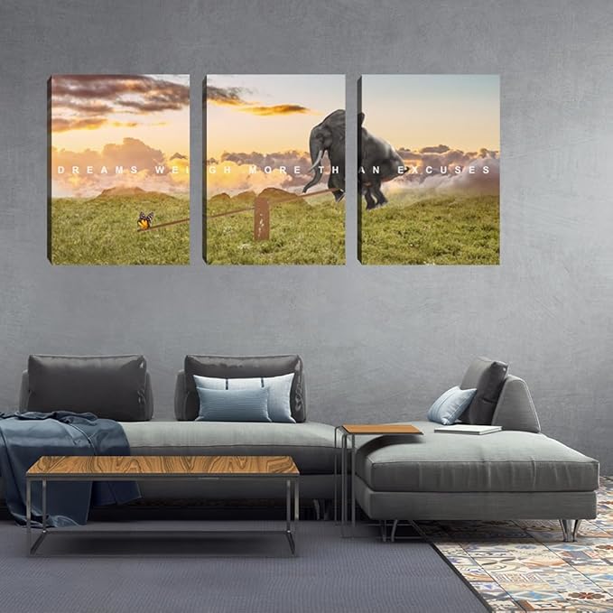 Motivational Canvas Wall Art Inspirational Quotes Poster Modern 3 Pieces Entrepreneur Office Wall Decoration Elephant Painting Decor for Bedroom Stretched and Framed Ready to Hang (36''Wx 16''H)