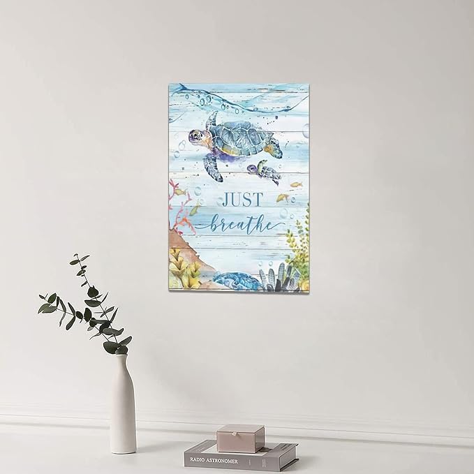 yerretin Nautical Sea Turtle Wall Art Ocean Just Breathe Pictures Wall Decor Beach Canvas Painting Modern Artwork Home Decoration for Bathroom Living Room Bedroom Office Framed 16"x24"