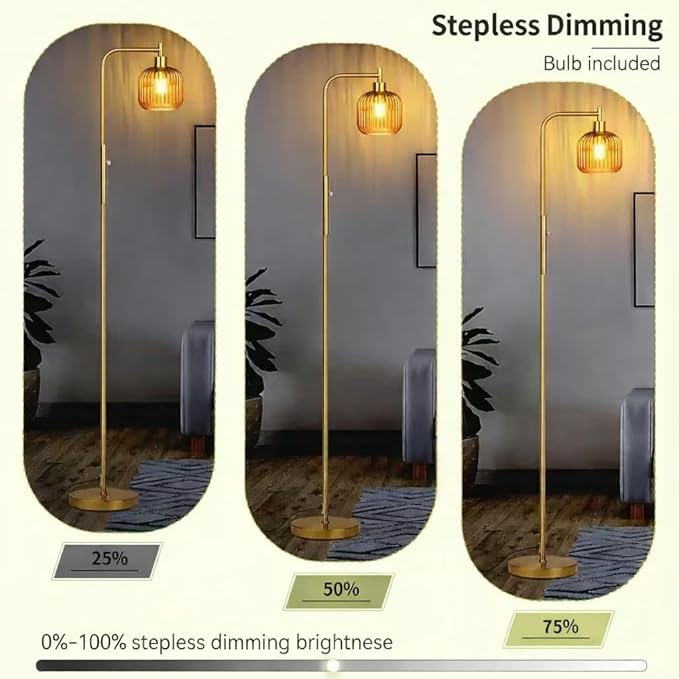 Glass Floor Lamp for Living Room, Dimmer Standing Lamp with Green Ribbed Lampshade,66” Tall Lamp & Gold Floor Lamp for Bedroom Study Room,Brushed Gold (Drum Amber Glass Shade)