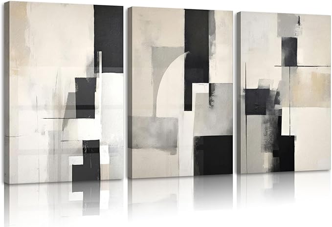 3Pcs Framed Neutral Abstract Canvas Wall Art Pictures Modern Minimalist Posters Prints Beige Black Brown Simple Wall Decoration for Living Room Bedroom Bathroom Office 12x16in