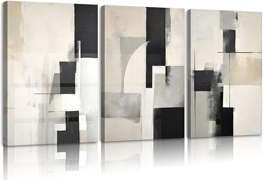 3Pcs Framed Neutral Abstract Canvas Wall Art Pictures Modern Minimalist Posters Prints Beige Black Brown Simple Wall Decoration for Living Room Bedroom Bathroom Office 12x16in