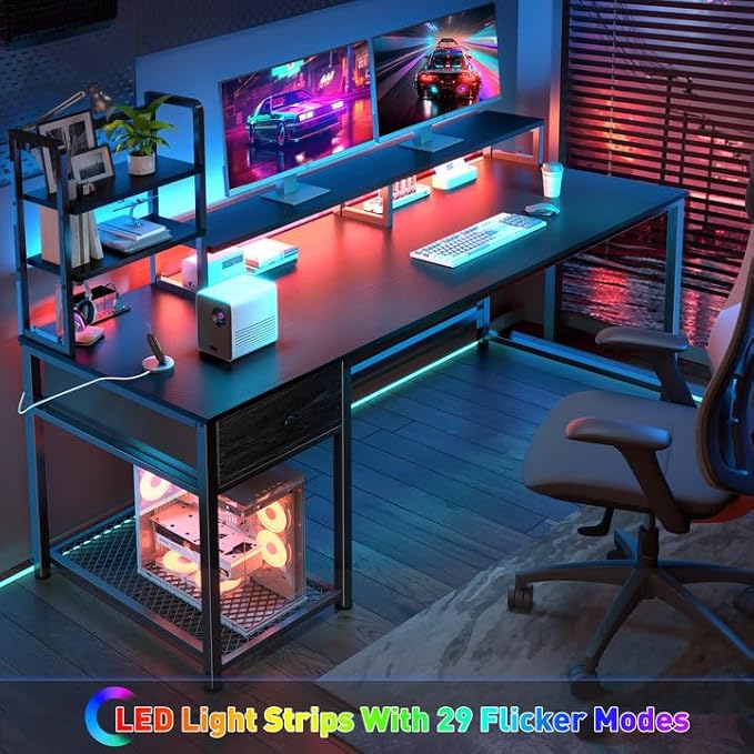 EnHomee 55 Inch Gaming Desk with Hutch and Drawers,Reversible Computer Desk with Monitor Shelf,Home Office Desks with USB Power Outlets and Storage,Pc Work Desk for Office with LED Lights,Black