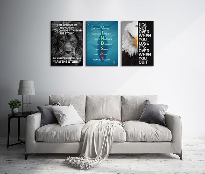 3 Pieces Eagle Lion Inspirational Canvas Wall Art Office Wall Decor Motivational Quotes Mindset Poster Print Inspiring Animal Picture Artwork for Living Room Bedroom Home Decor Framed[60''Wx 28''H]