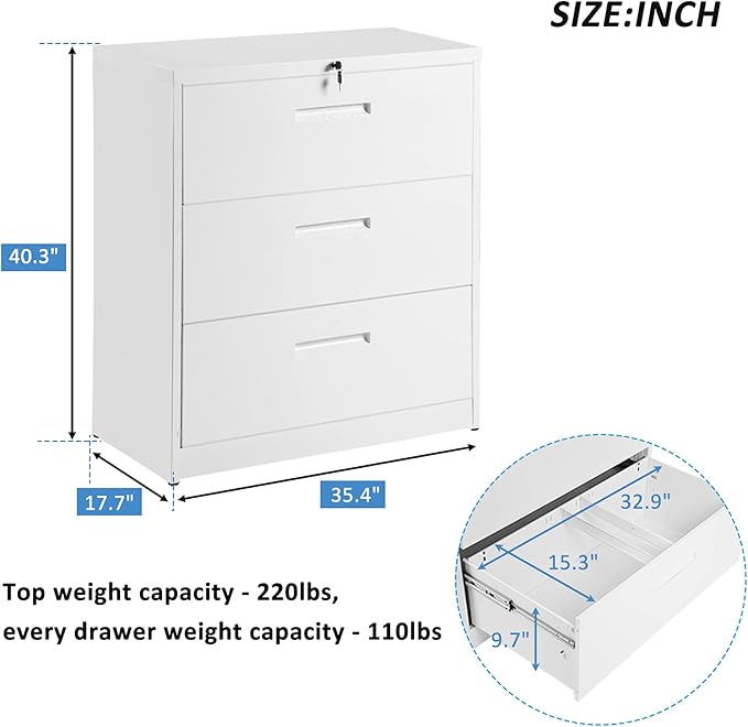Lateral File Cabinet, 3 Drawers Metal Lockable Filing Cabinet for Commercial Grade Office Legal and Letter File (White)