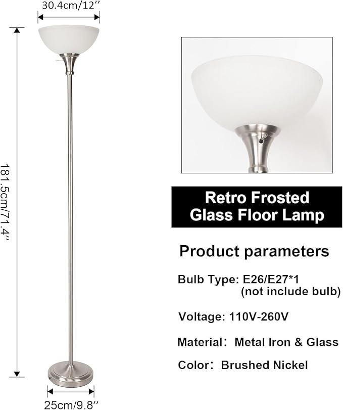 HonoDing Floor Lamp Frosted White Glass Bowl Shade - for Room Decor - Bedroom Decor - Floor Lamp for Bedroom - Floor Lamps for Living Room (Brushed Nickel)