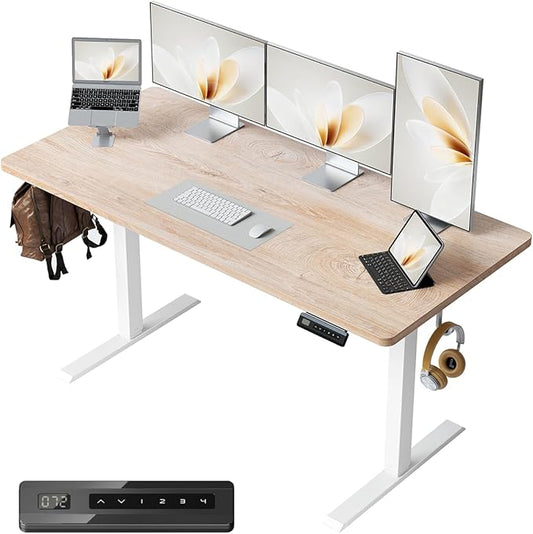 CubiCubi 55 x 24 Large One-Piece Standing Desk, Adjustable Height Electric Computer Home Office Sit Stand up Workstation, with 4 Memory Presets, Headphone Hook, Maple