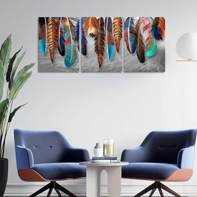 Colorful Feather Poster Prtins Decor Modern Gray Background Picture Wall Art 3 Pieces Canvas Painting Artwork Decoration Home Office Decor for Living Room Bedroom - 48" Wx24 H