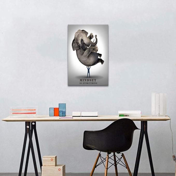 Office Wall Art Motivational Posters Businessman Lifting An Elephant Canvas Painting Pictures Mindset is Everything Print Poster Artwork Wooden Framed Home Decor for Living Room Bedroom-12 Wx16 H