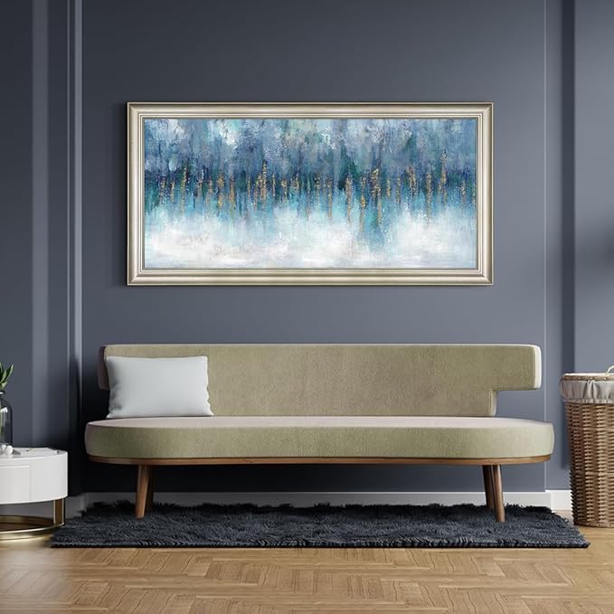 Blue Wall Art Abstract Painting: Abstract Canvas Wall Art - Navy Blue Framed Canvas Artwork for Living Room Wall Decor - Large 60"x30"