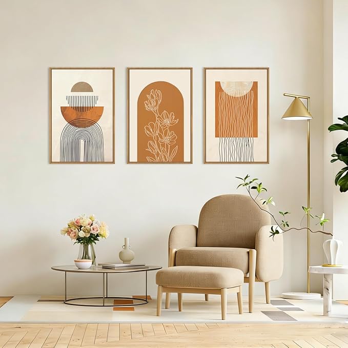 ANHUIB Large Boho Canvas Wall Art,Abstract Geometric Framed Wall Decor,Mid Century Modern Artwork,3 Piece 24x36In Beige Orange Painting for Living Room Bedroom,Office
