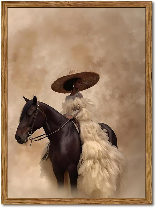 Framed Western Cowgirl Wall Art, Fashion Black Girl Riding Horse Canvas Wall Decor Painting, Black Woman African American Bride Pictures Prints Aesthetic Home Decor for Living Room Bedroom 12x16 inch