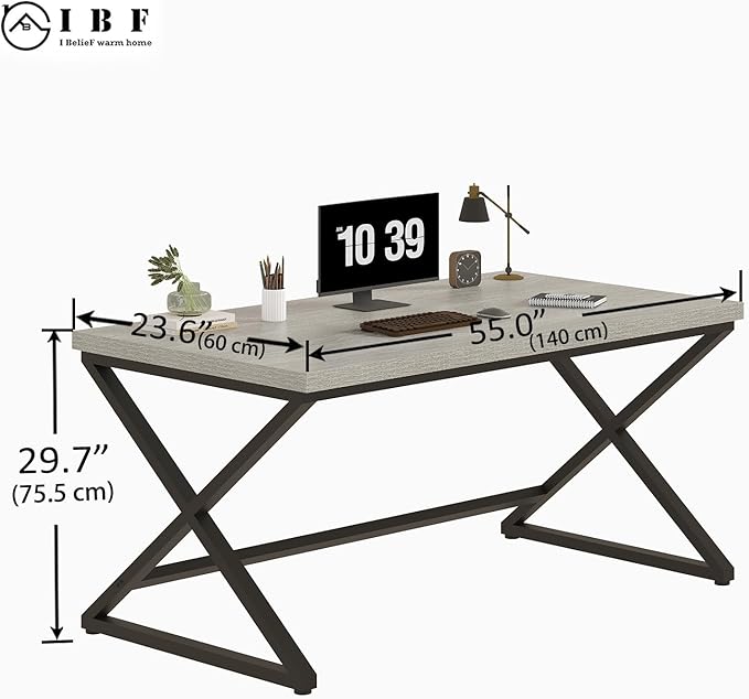 IBF Gray Computer Desk, Modern Writing Study Desk for Home Office, Industrial Wooden Metal Executive Work Desk, Simple Pc Gaming Laptop Workstation Computer Table in Bedroom, Light Grey Oak, 55 Inch