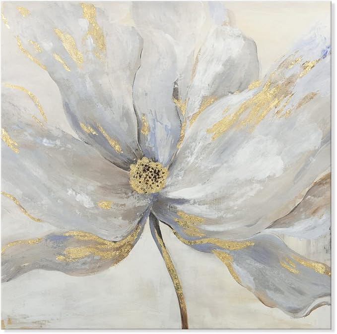 Goldfoilart Flower Canvas Wall Art Abstract Floral Picture with Gold Foil Embellishment Oil Painting Textured Print on Canvas Large for Bedroom Bathroom Living Room Home Decor 32" x 32"