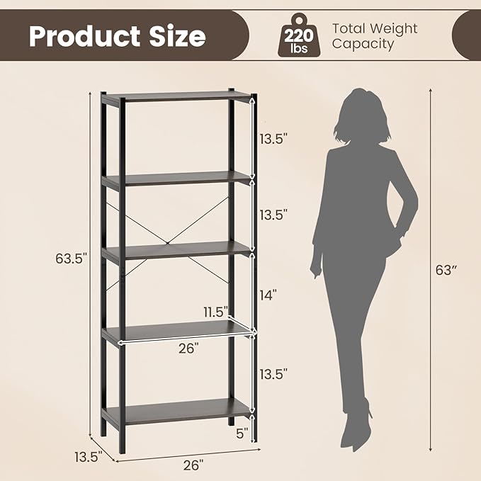 Giantex Industrial 5-Tier Wood Bookshelf - 63.5’’ Tall Open Storage Organizer Shelves with Anti-Tipping Device and Foot Pads, Steel Frame Bookcase Display Rack for Living Room, Bedroom, Office, Grey