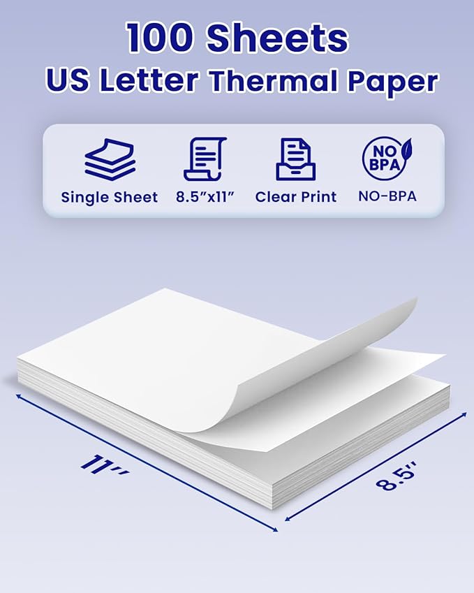 TATTMUSE Bluetooth Inkless Thermal Printer White & 100 Sheets 8.5" x 11" US Letter Thermal Paper, Compatible with iPhone Android Laptop for Home Car Office