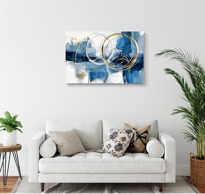 gaosoul Minimalist Abstract Canvas Wall Art Blue and Gold Doodles on White Background Painting Prints Stylish Framed Artwork for Living Room Bedroom Office Decor 36x24in