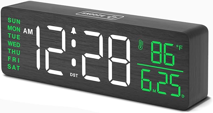 DreamSky Wooden Digital Alarm Clocks for Bedrooms – Large Display Desk Clock with Date & Day of Week for Living Room, Temperature, Dimmer, Adjustable Volume, Auto DST, Office Wood Décor (Plug-in)