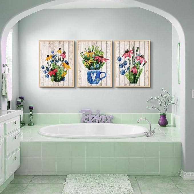 Natural Wood Framed Vintage Wood Grain Plant Flowers Wall Art For Kitchen Wall Decorations For Living Room Bathroom Wall Decor 3 Pieces Framed Canvas Print Artwork Modern Office Home Decor Painting