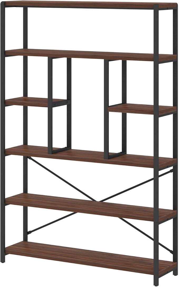 LVB 6 Tier Tall Bookshelf, Wood Metal Bookcases and Book Shelves 6 Shelf, Industrial Large Wide Etagere Book Shelf for Living Room, Vintage Rustic Big Open Bookcase Storage for Bedroom Office, Walnut