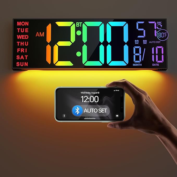 JALL 16.2" Large Digital Wall Clock with Bluetooth Sync, RGB Digital Clock Large Display with Auto DST, Wall Clock for Classroom Bedroom Gym Office, Led Clock for Seniors (Black)