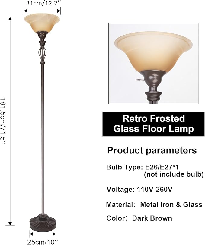 Torchiere Floor Lamps for Living Room, Standing Lamp with White Alabaster Glass Shade, Corner Floor Lamp Pole Lamp - Elegant Floor Lamp for Bedrooms with No Bulb (Brown)