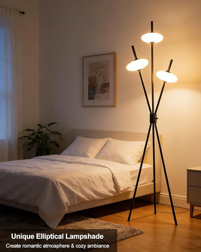 Lightdot Tripod Floor Lamp Stepless Dimmable Black Standing Tall Lamps with 3PCS Elliptical Lampshades Mid Century Modern Floor Lamps for Living Room/Bedroom/Sofa Beside/Corner Decor