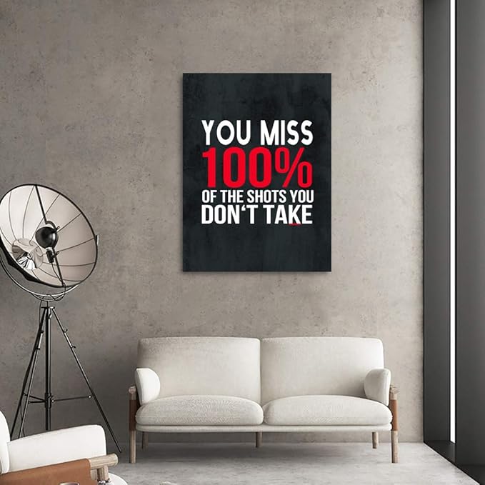 Inspirational Canvas Giclee Office Artwork Inspiring Quotes You Miss 100% Of The Shots You Don’t Take Paintings Pictures Posters Art Print Home Wall Decor for Living Room Gallery Wrapped-18”Wx24”H