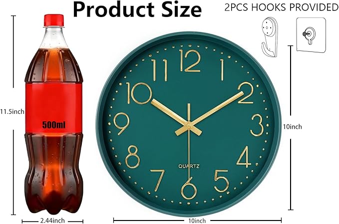 Wall Clock, Silent Wall Clocks Battery Operated 10 Inch- Modern Non Ticking Analog Clock with Large Numerals Tempered Glass Clocks for Bedroom Living Room Kitchen Office Decor, Dark Green