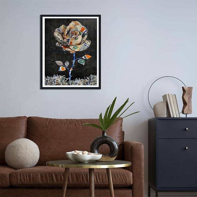 Money Framed Canvas Print Wall Art, Financial Success Motivational Office Decor, Dollar Rose Poster Ready to Hang, Modern Wall Picture for Living Room, 12.5x16.5 Inches
