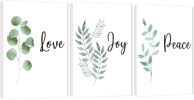 3 Piece Inspirational Wall Art, White Plants Background Picture, Quotes "Love Joy Peace" Canvas Print for Bedroom Decor, Triptych Entrepreneur Painting Framed Artwork for Gym Wall Decor (36"Wx24" H)
