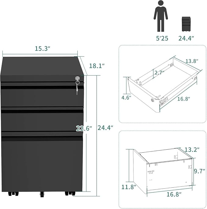 YITAHOME 3-Drawer Rolling Filing Cabinet Office Drawers, Lockable Office Storage Cabinet with Hanging Bars and Pencil Tray, Pre-Assembled Metal File Cabinet Under Desk (Black)