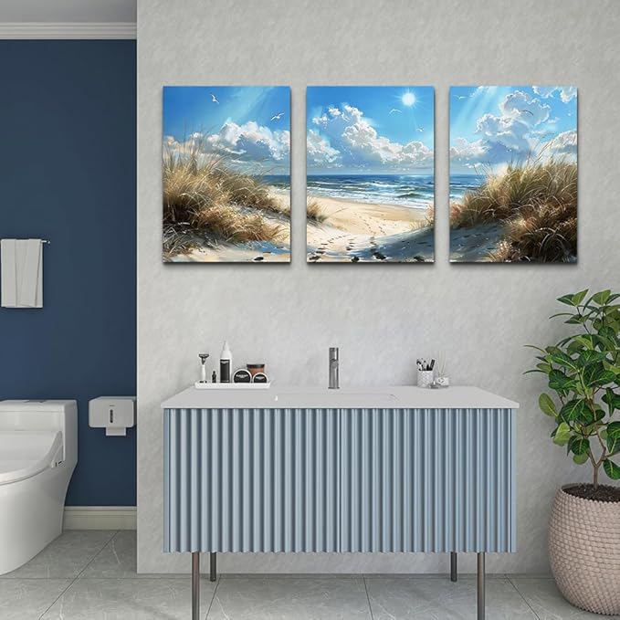 TTHYUEWS Wall Art For Living Room Canvas Wall Decor For Bedroom Bathroom Decorations Blue Ocean Beach Wall Painting Sea Wave Wall Pictures Artwork for office Modern Home Decor Ready To Hang 3 Piece