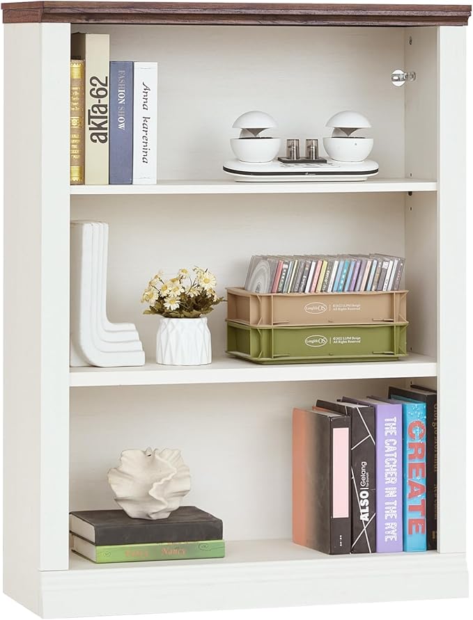 43" White Tall Bookshelf,3-Tier Thick Wooden Book Shelf with Adjustable Shelves,Free Standing Farmhouse Bookcase with Open Display Storage,Floor Vintage Bookshelves for Living Room,Office
