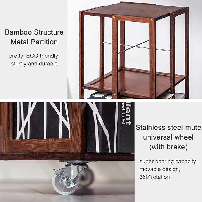 COPREE 5 Tier Rolling Bookcase, Bamboo 360 Rotating Bookshelf, Freestanding Storage Organizer Holder Book Rack with Wheels for Bedroom, Living Room Home and Office