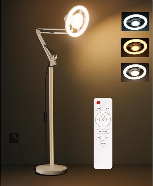 36W Floor Lamp with Flexible Arm, 3 Colors Ring Light with Heavy-Duty Base & Remote, Standing Lamp for Living Room/Workspace/Tattoo/Live Streaming/TikTok/YouTube/Photography