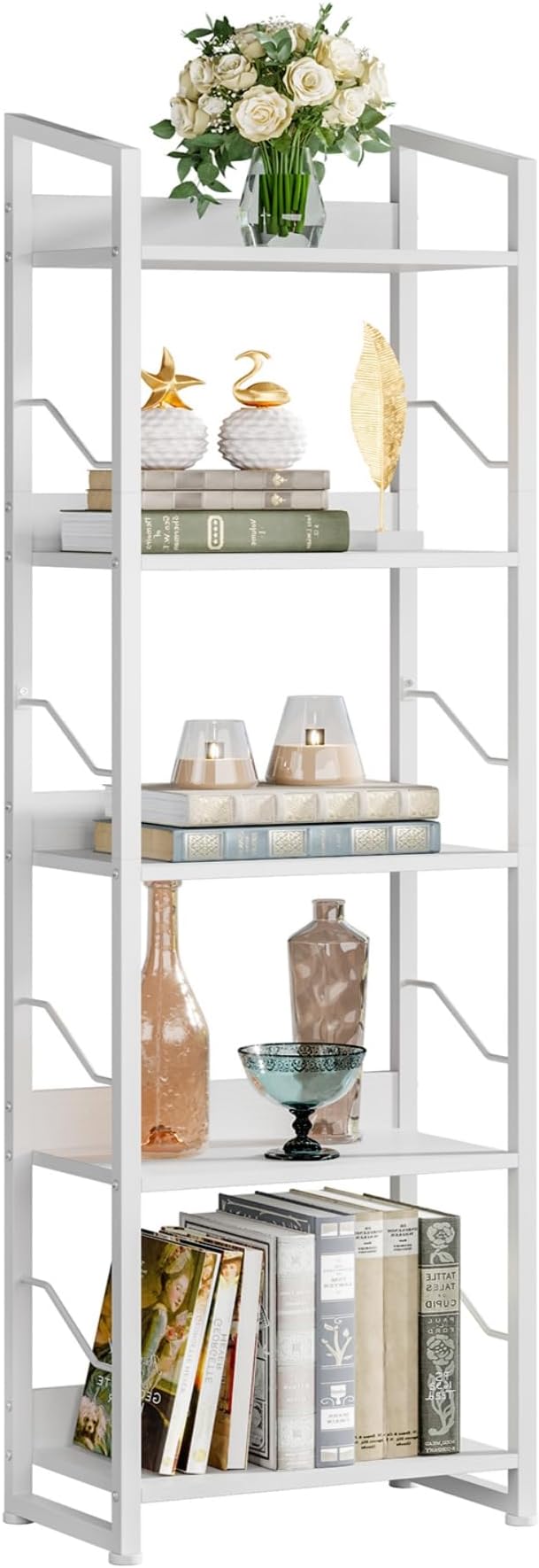 Hosfais 5 Tier Tall Bookshelf: Industrial Wood Book Shelf with Edge Protection Metal Narrow Bookshelf Bookcase Storage Organizer Display Rack for Living Room Home Office (White)