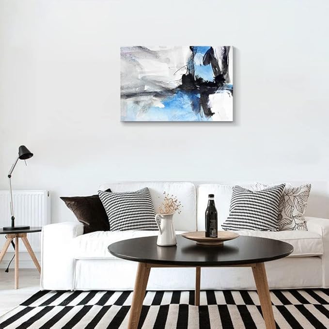 Large Abstract Canvas Wall Art Modern Aquarelle Art Paintings Black and Blue Fantasy Colorful Graffiti on White Background Minimalist Artwork Decor for Living Room Bedroom Corridor Framed 30x20in