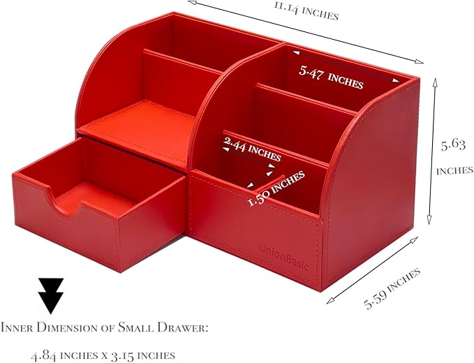 UnionBasic Desk Organizer - Multifunctional Leather Desktop Pen Holder Storage Box - Business Card/Pen/Pencil/Mobile Phone/Stationery Holder, Red