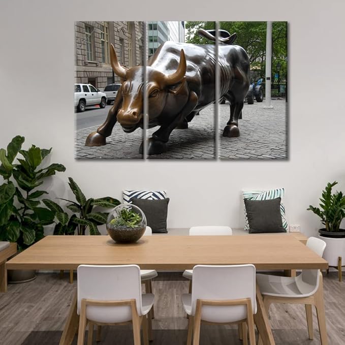 TUMOVO Wall Street Bull Picture Photography Poster Wall Decor America Famous Attractions Print On Canvas for Home Bedroom Living Room Office Decor Stretched Framed Ready to Hang - 42" Wx28 H