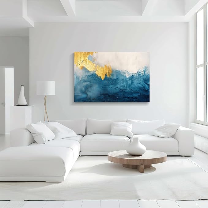 gaosoul Modern Canvas Wall Art Blue Gold Leaf Abstract Painting Prints Minimalism White and Light Blue Tranquility Poster for Living Room Bedroom Office Decor Framed 48x32in