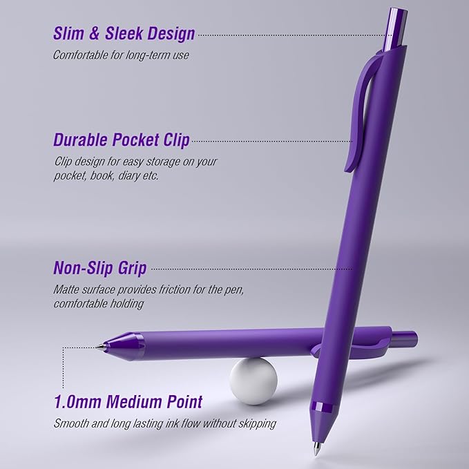 50 Pack Purple Ink Pens - Bulk Pens, 1.0MM Medium Point Ballpoint Pens, Smooth Writing No Bleed Retractable Ball Point Pen (Purple)
