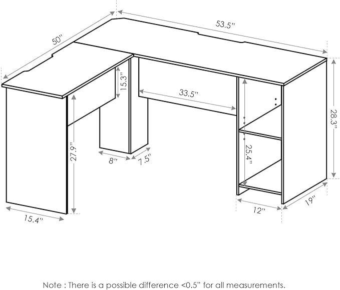 Furinno Indo L-Shaped Computer Desk with Bookshelf, White