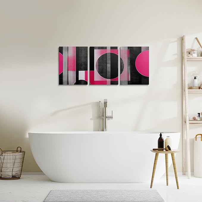 jejeloiu 12"x16"x3pcs Office Decorations Artwork Posters Modern Geometric 3 Piece Canvas Wall Art for Living Room Bedroom Hot Pink Abstract Art Picture Wall Decor