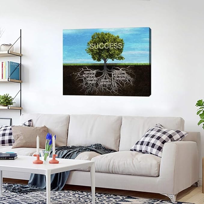 Modern Inspirational Wall Canvas Quotes Office Wall Decor Success Tree Roots Painting Prints on Motivational Posters Entrepreneur Artwork Framed Ready to Hang for Office Decor - 18''Hx24''W