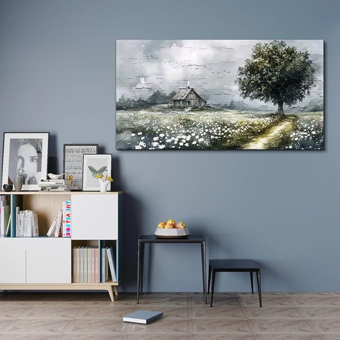 ERQINHUA Gray Large Canvas Wall Art For Living Room Farmhouse Wall Decor For Bedroom Office Home Decor Field scenery Paintings Tree Landscape Wall Pictures Printed Artwork Ready to Hang 30"X60"