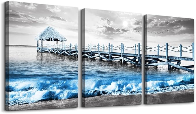 DZRWUBHS Black And White Beach Wall Art - 3 Piece Framed Posters For Living Room, Bedroom, Office - Ocean Sea Wave Pictures